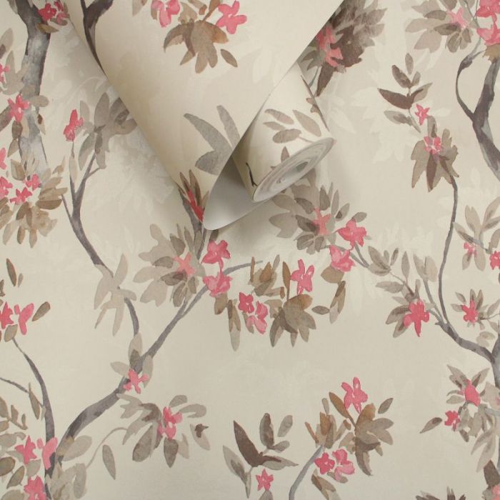 Folia Blossoming Tree Wallpaper Taupe/Red