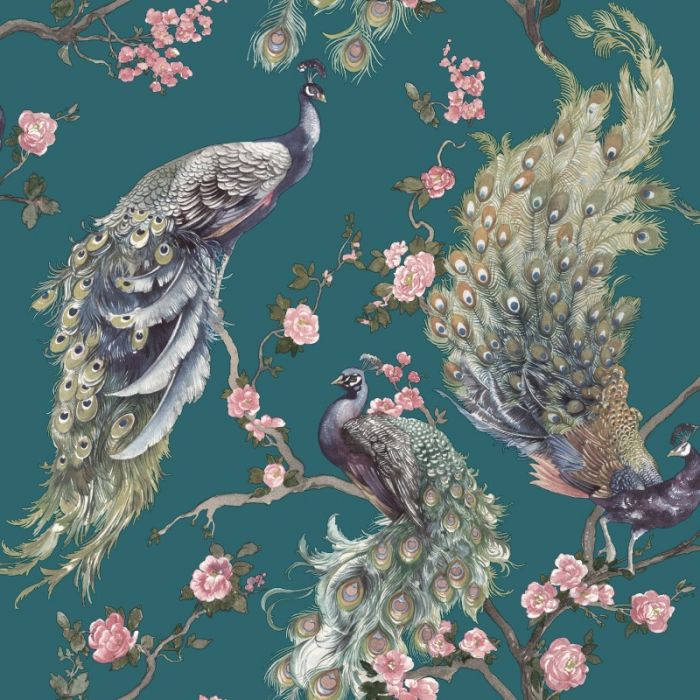 Menali Glitter Peacock Wallpaper Teal | Decorating Centre Online