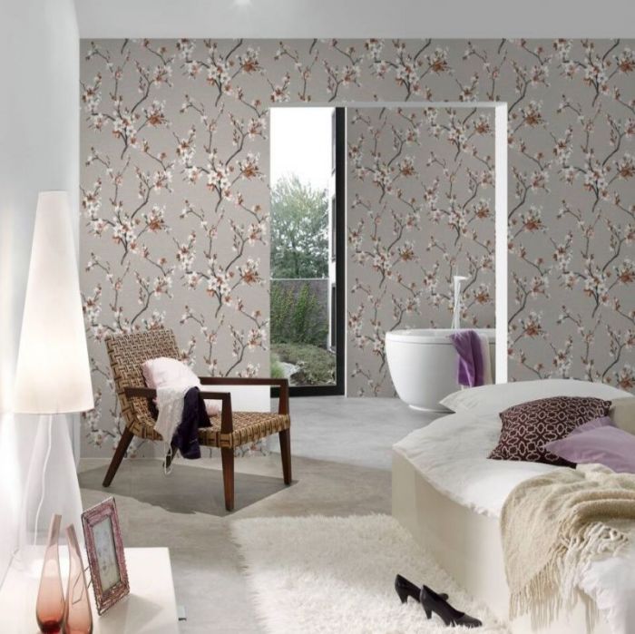 Oriental Cherry Blossom Wallpaper - Grey
