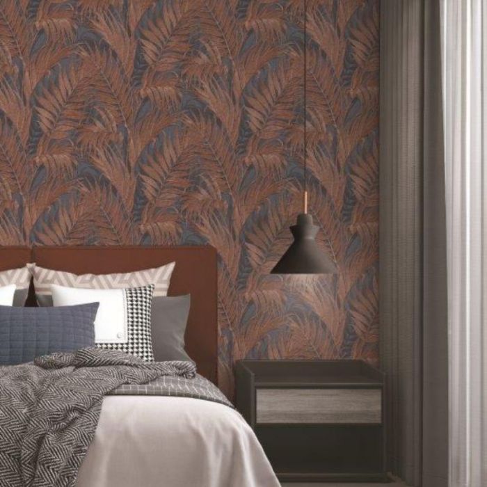 Grace Tropical Palm Leaf Wallpaper Navy and Copper