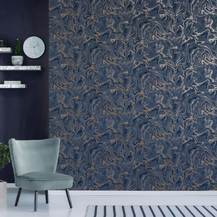 Metallic Liquid Marble Navy Wallpaper | Decorating Centre Online