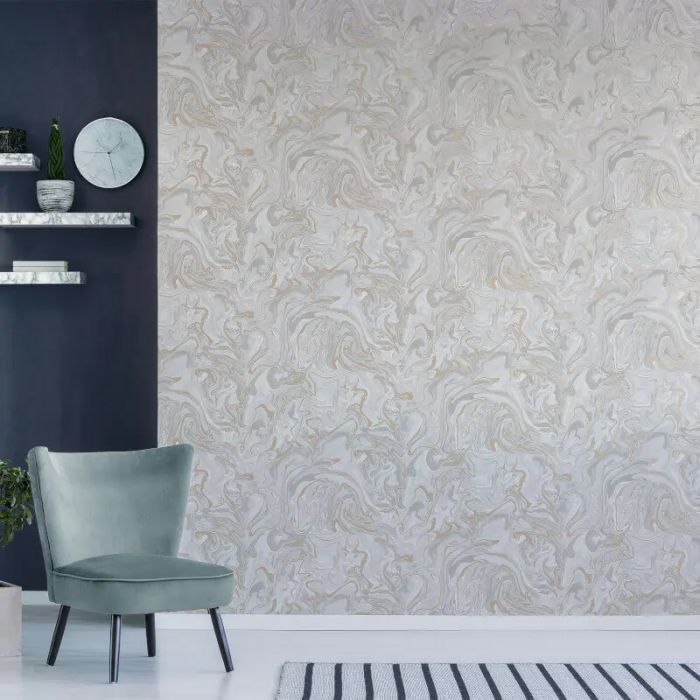 Distinctive Metallic Liquid Marble Natural & Grey Wallpaper 