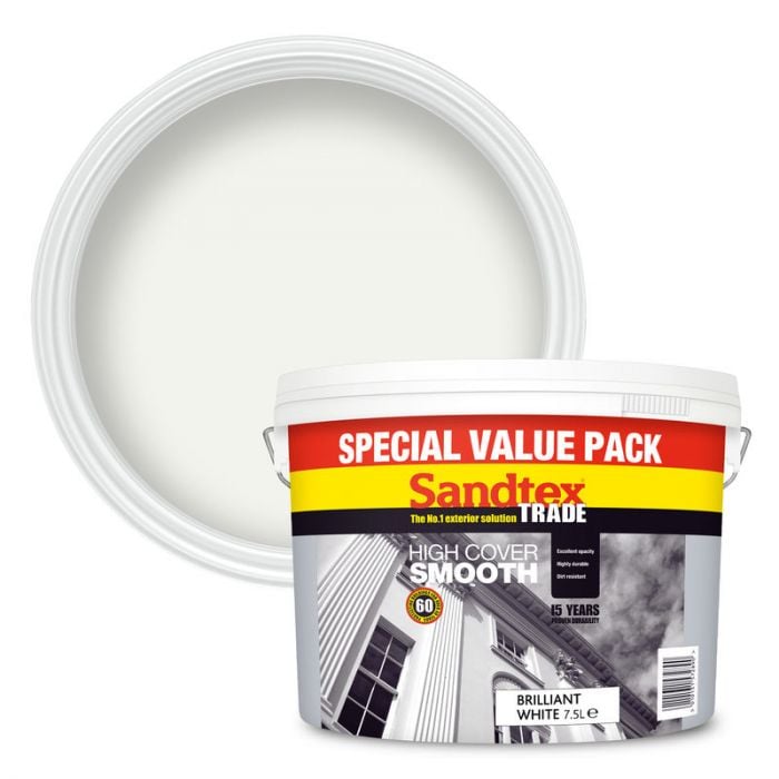 Sandtex Trade High Cover Smooth Masonry Paint Brilliant White 7.5L - Special Value Pack