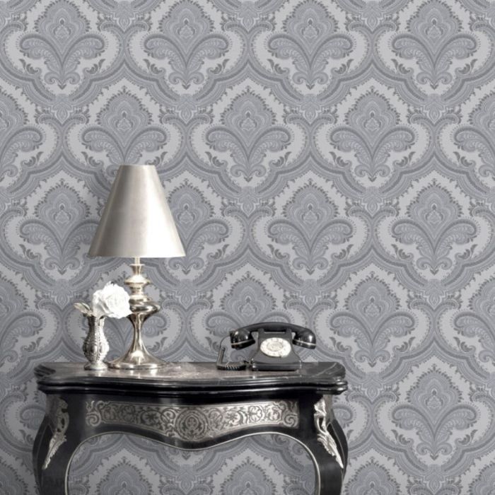 Sassari Damask Wallpaper Silver & Grey