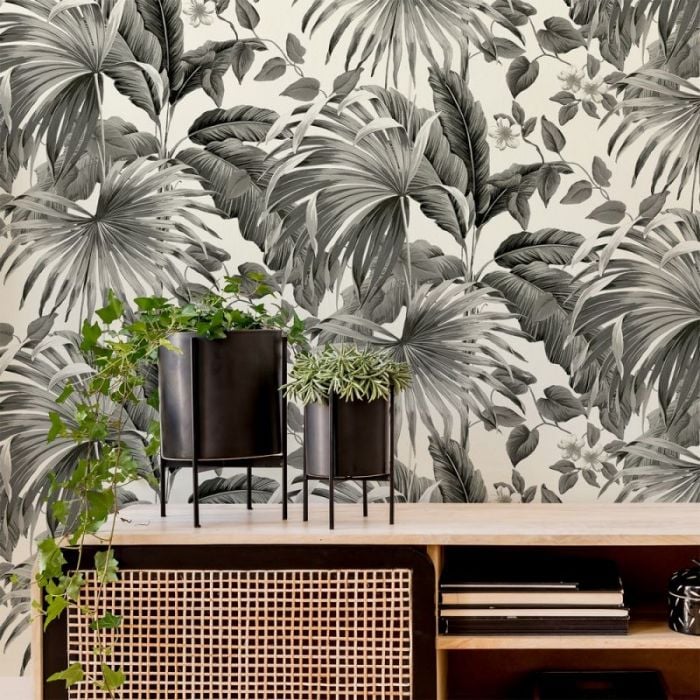 Retreat Large Leaf Floral Black and White Wallpaper 
