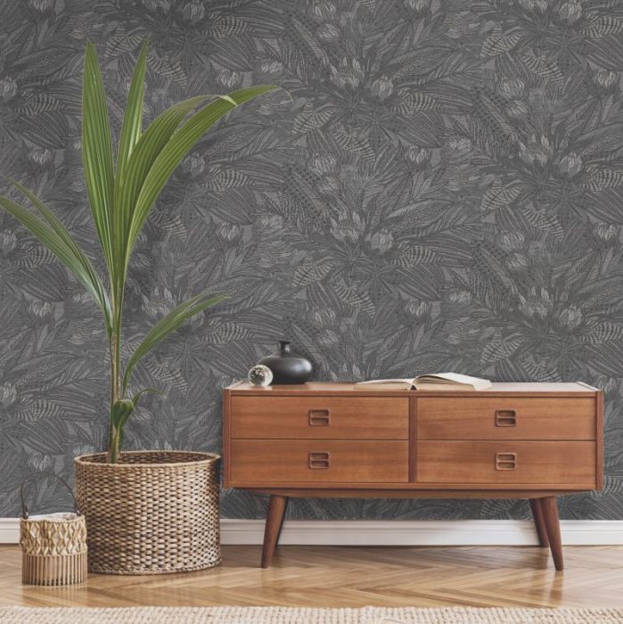 Susara Tropical Leaf Metallic Wallpaper Charcoal