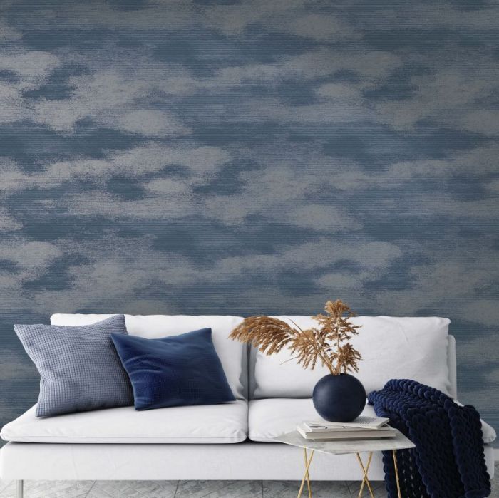 Stratus Metallic Cloud Printed Wallpaper Navy