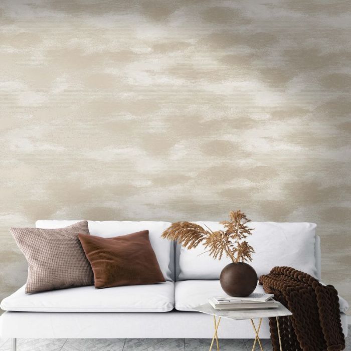 Stratus Metallic Cloud Printed Wallpaper Beige