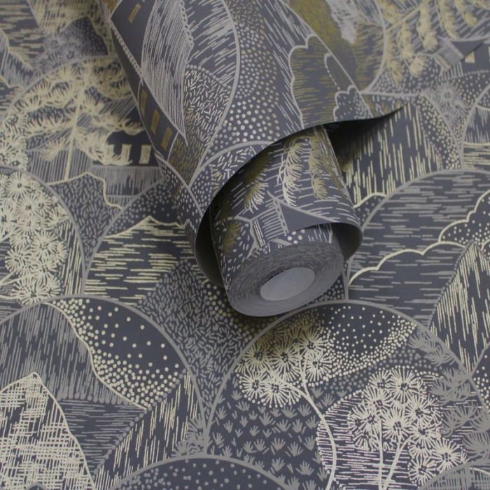 Teshio Oriental Scalloped Wallpaper Charcoal