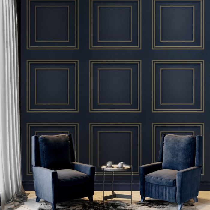 Amara Wood Panel Effect Wallpaper Navy And Gold