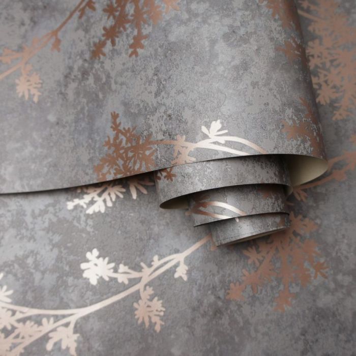 Chevril Metallic Floral Wallpaper Grey/Rose Gold
