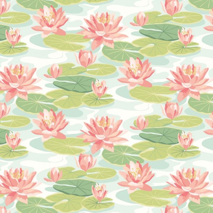 Ohpopsi Waterlily Wallpaper Duck Egg & Coral