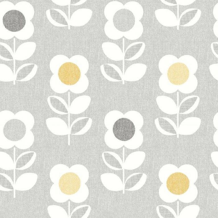 Retro Flower Linen Wallpaper Grey