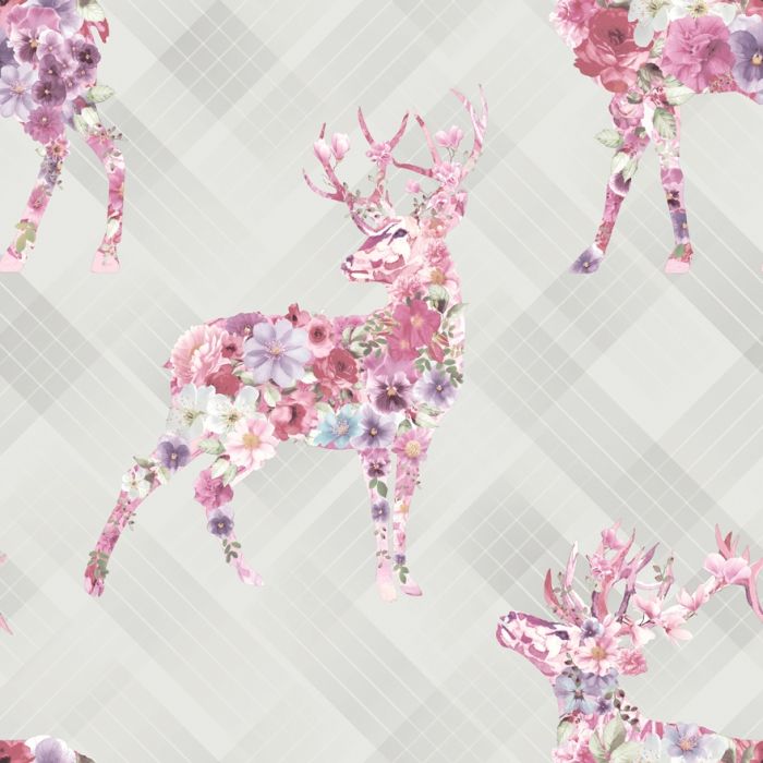 Calla Stag Floral Tartan Wallpaper Grey & Pink
