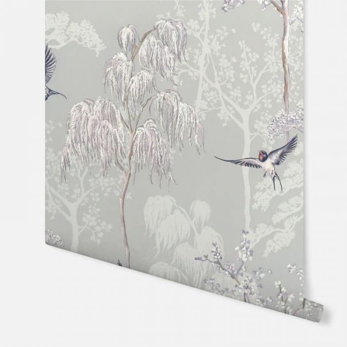 Japanese Garden Oriental Tree and Bird Wallpaper Grey 