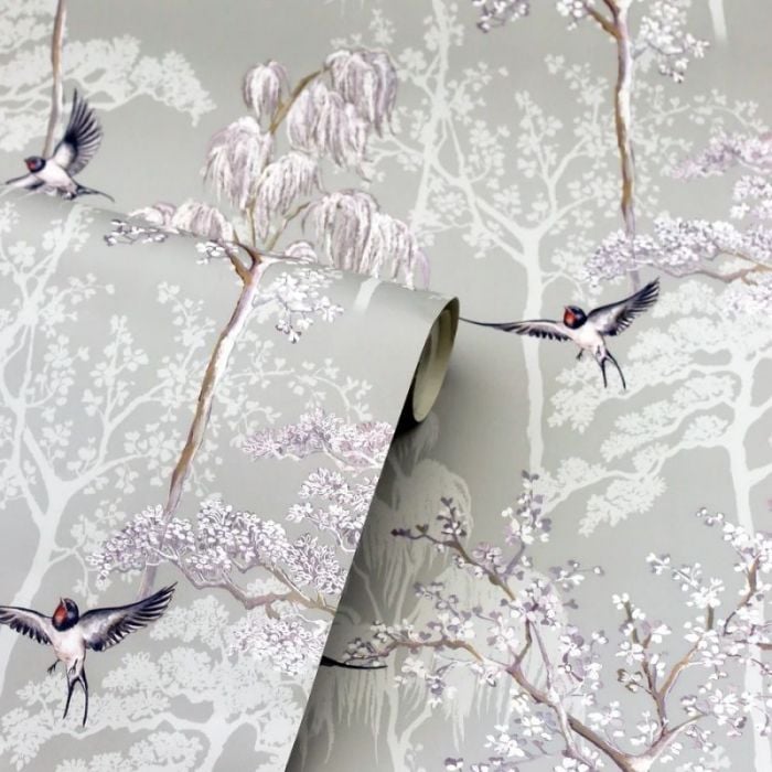 Japanese Garden Oriental Tree and Bird Wallpaper Grey 