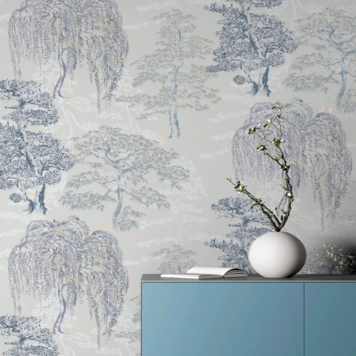 Oriental Garden Wallpaper Soft Blue