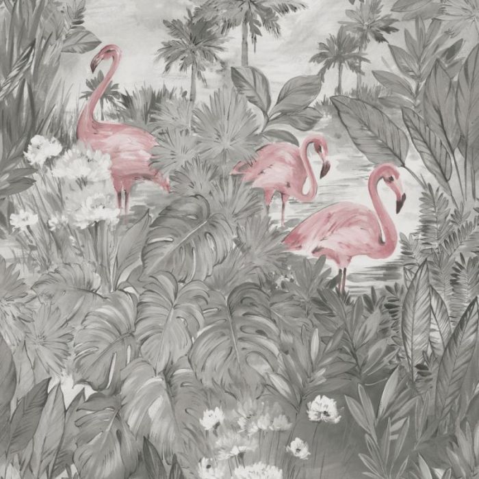 Sarasota Flamingo Wallpaper Grey/Pink