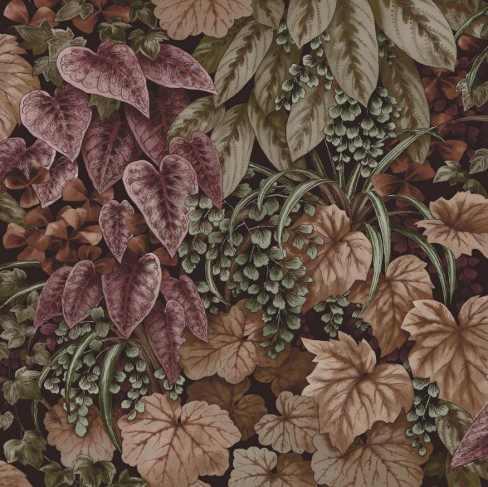 Cascading Garden Botanical Leaf Wallpaper Crimson