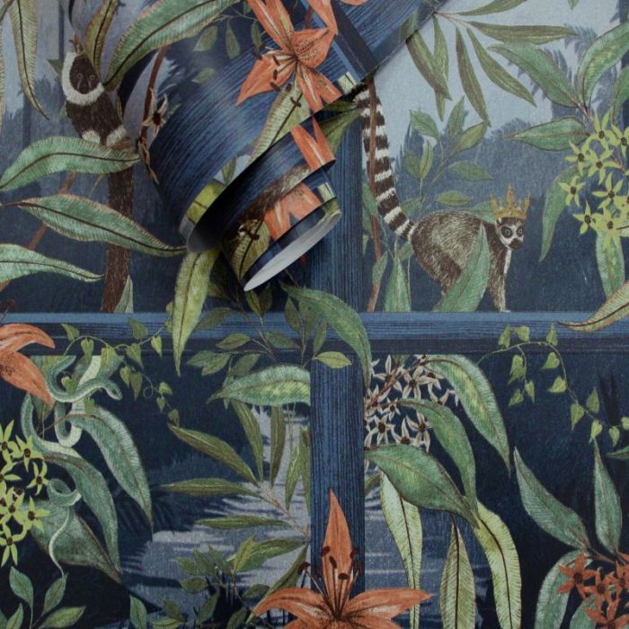 Comoro Tropical Window Design Wallpaper Navy