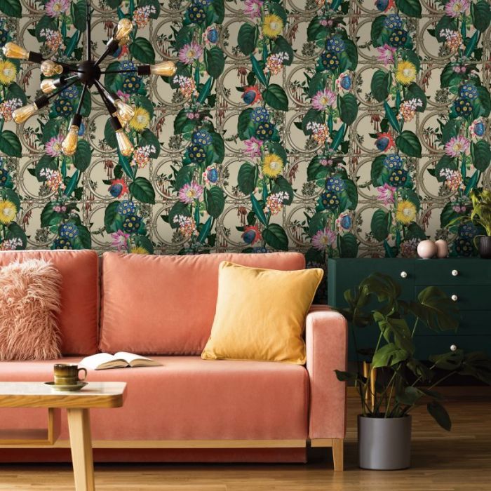 Alata Bold Floral Metallic Wallpaper Beige