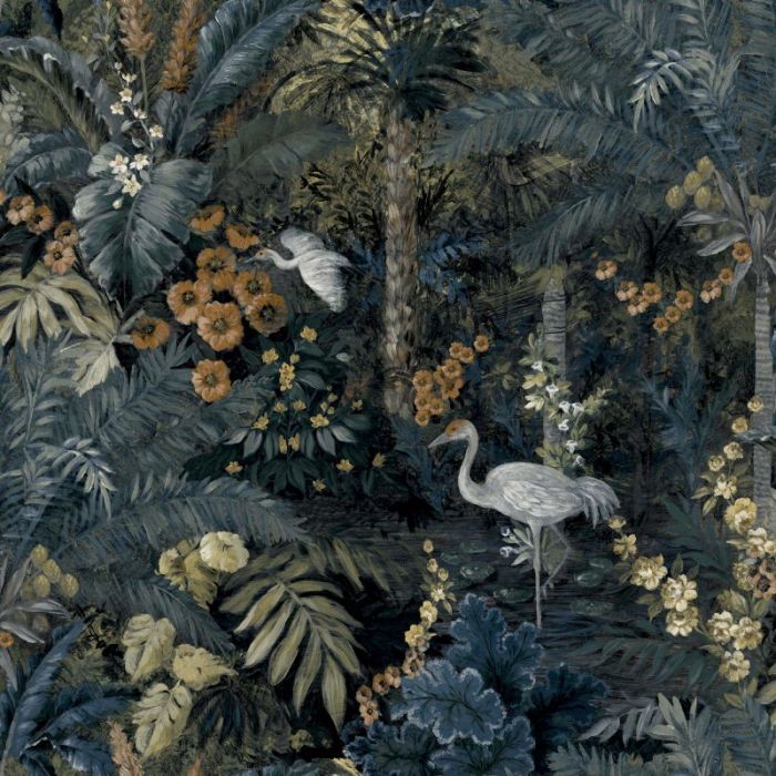 Masoala Tropical Palm Tree and Crane Wallpaper Navy