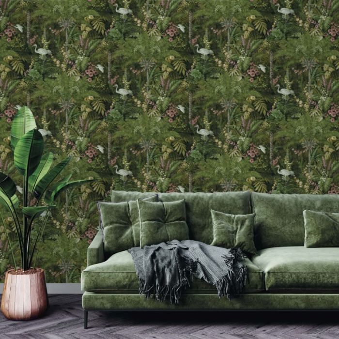 Masoala Tropical Palm Tree and Crane Wallpaper Green