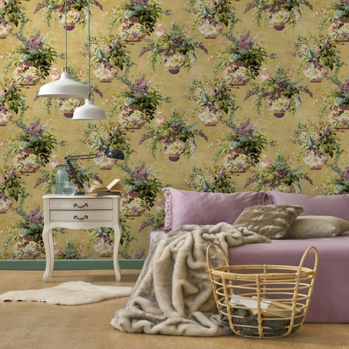 Rivara Floral Vase Ochre Wallpaper
