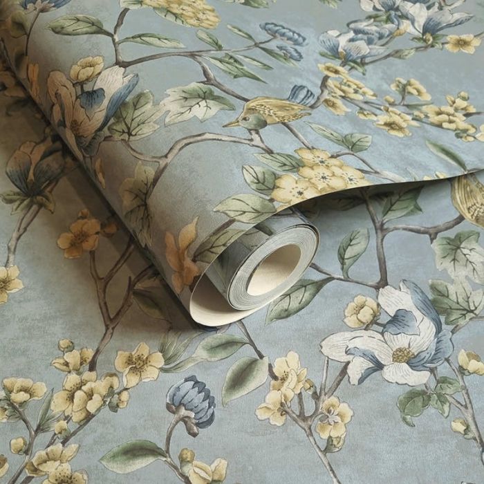 Nightingale Floral Trail Wallpaper - Blue