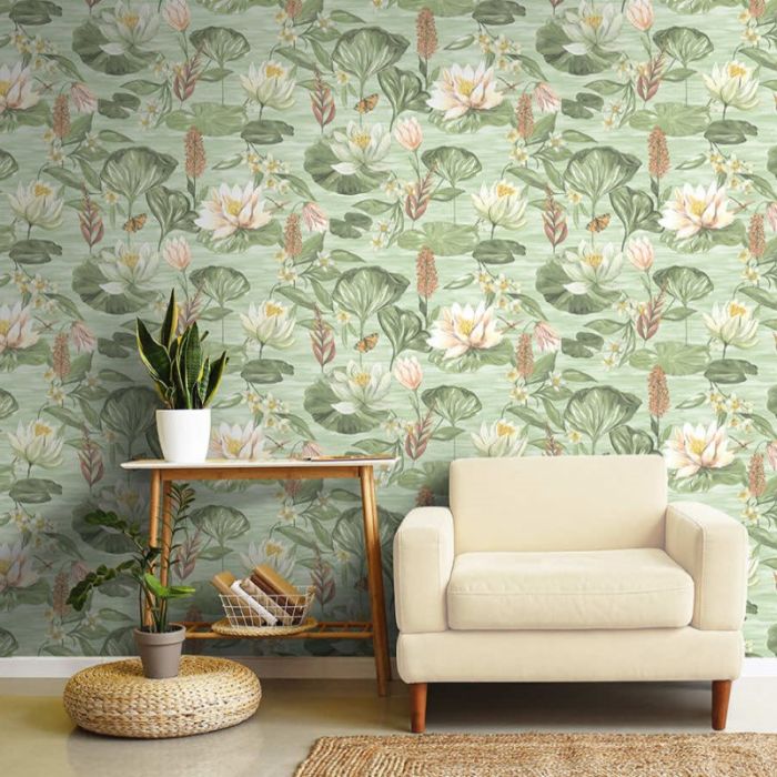 Water Lily Floral Wallpaper - Green
