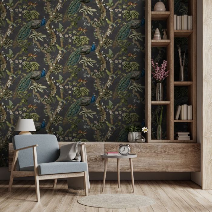 Cassia Peacock Wallpaper - Charcoal