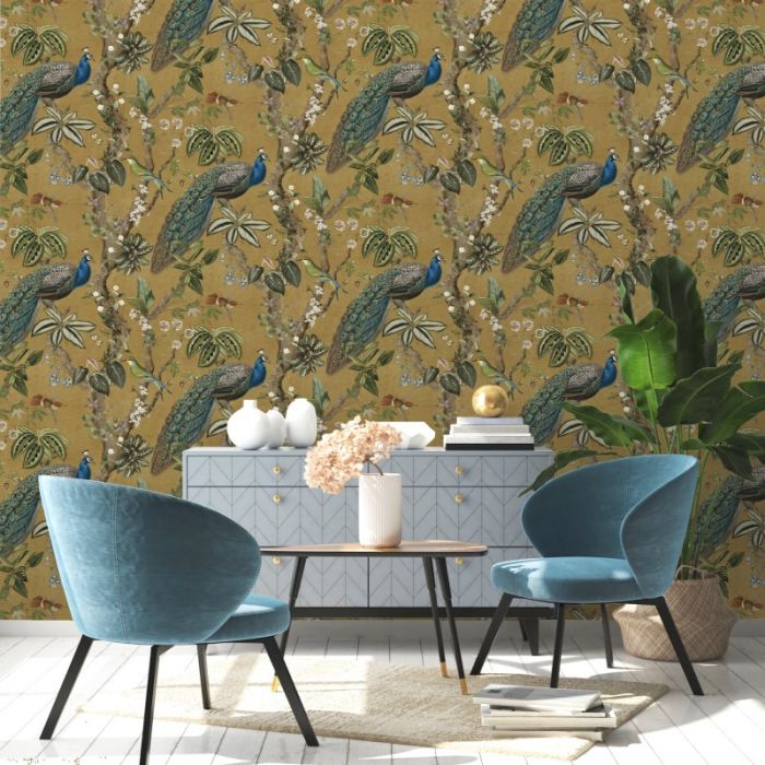 Cassia Peacock Wallpaper - Ochre