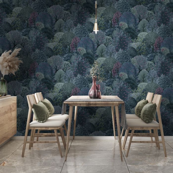 Arboretum Tree Wallpaper - Navy & Berry