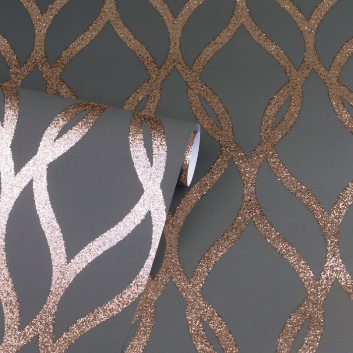 Sequin Trellis Geometric Printed Wallpaper Charcoal/Rose Gold