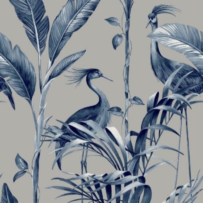 Azzurra Botanical Leaf And Crane Wallpaper Silver And Navy