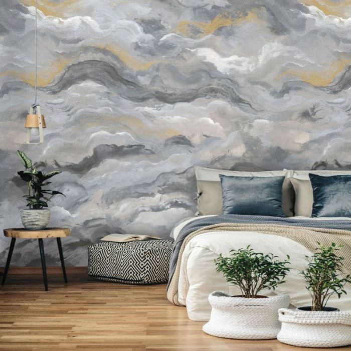 Sierra Cloudy Skyline Charcoal and Gold Mural Wallpaper
