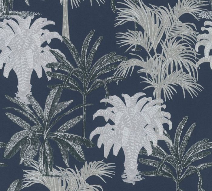 Palm Tree Printed Wallpaper - Navy & Grey 