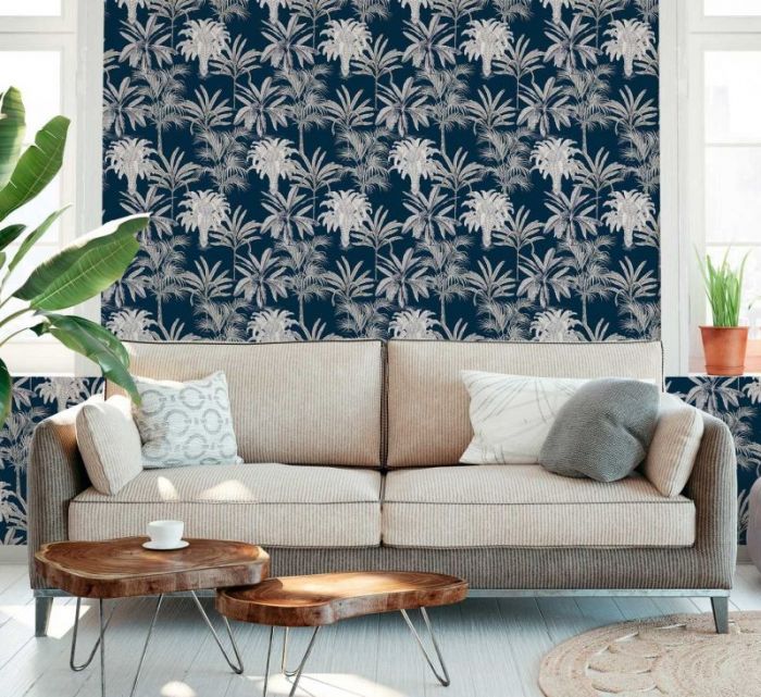 Palm Tree Printed Wallpaper - Navy & Grey 