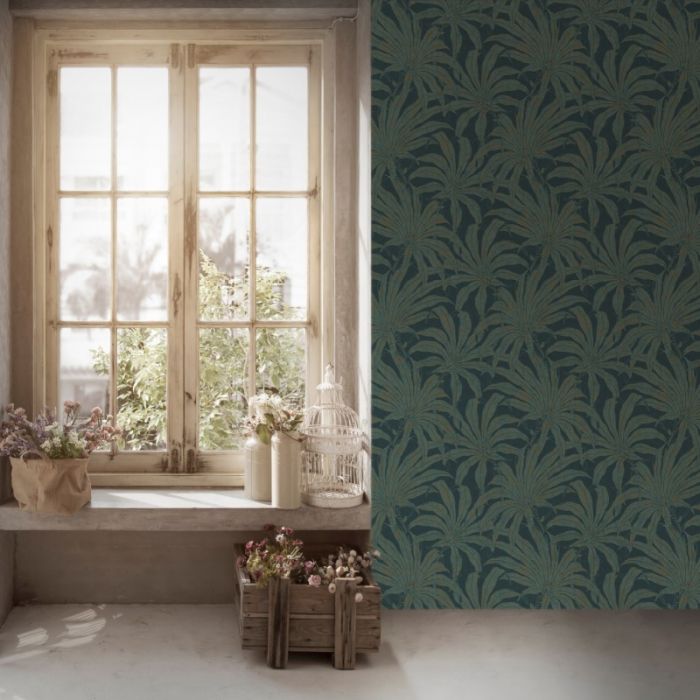 Tropical Palm Leaf Wallpaper - Blue