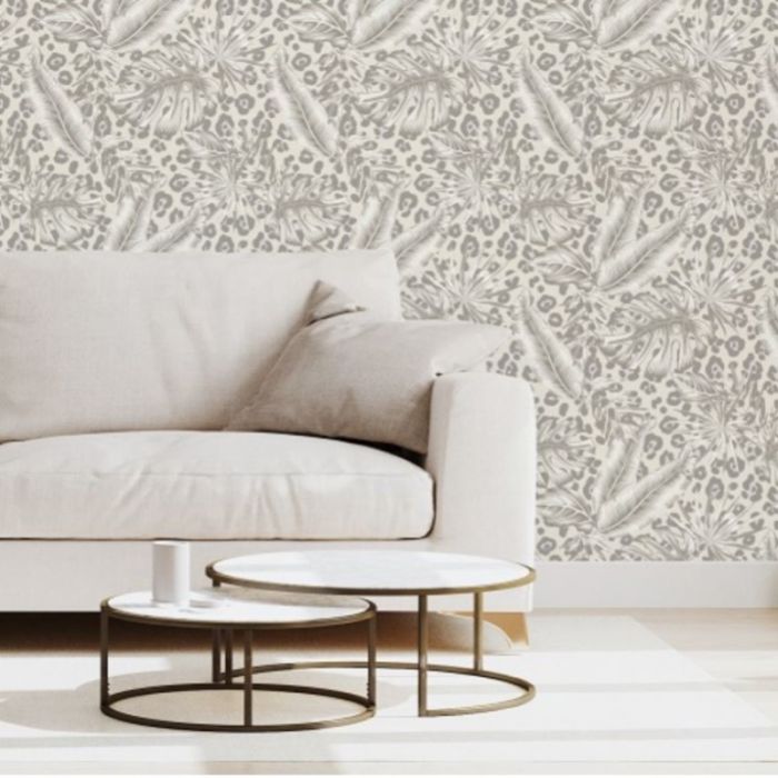 Tropical Leopard Skin Metallic Wallpaper - Beige/Grey