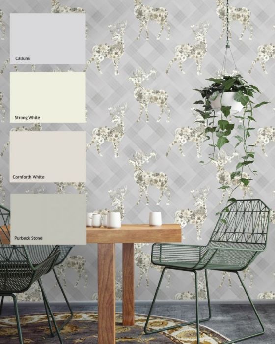 Calla Stag Floral Tartan Wallpaper Grey/Beige
