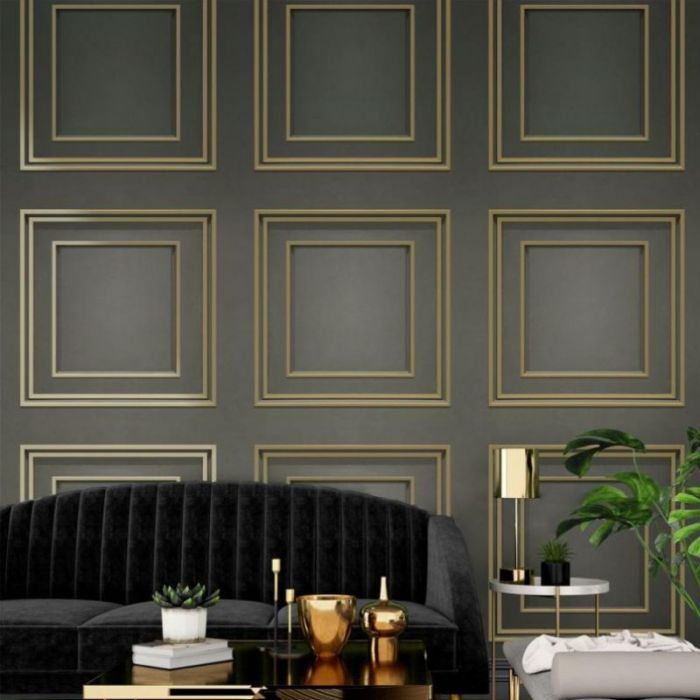 Amara Wood Panel Effect Wallpaper Charcoal And Gold