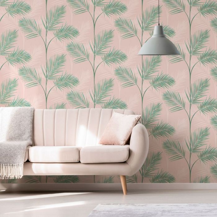 South Beach Exotic Palm Leaf Wallpaper Pink