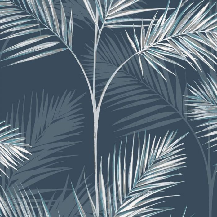 South Beach Exotic Palm Leaf Wallpaper Navy | Fine Decor | Decorating