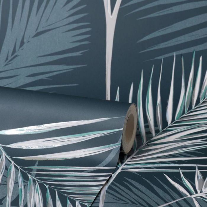 South Beach Exotic Palm Leaf Wallpaper Navy | Fine Decor | Decorating