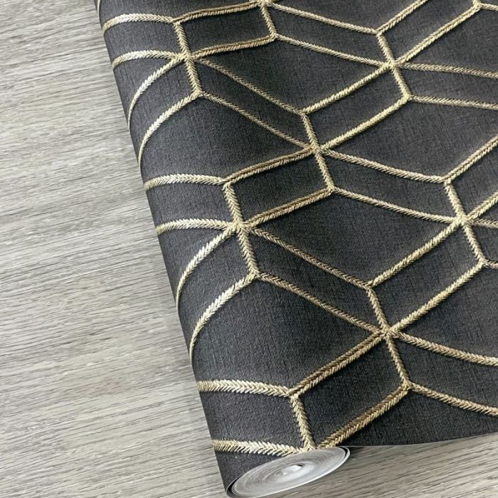 Embroidery Stitch Diamond Black and Gold Wallpaper