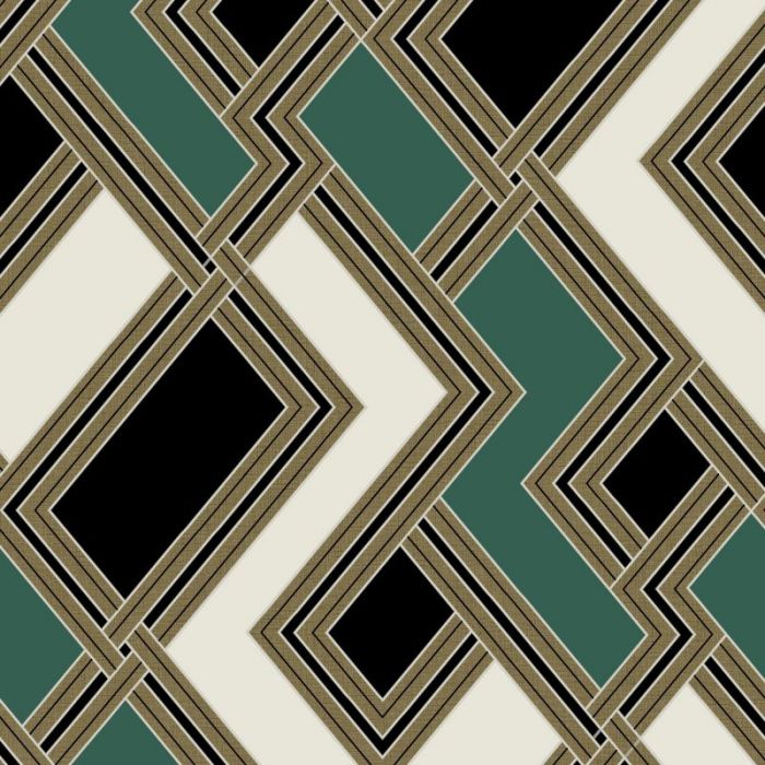 Fabric Geometric Printed Wallpaper Green and Gold