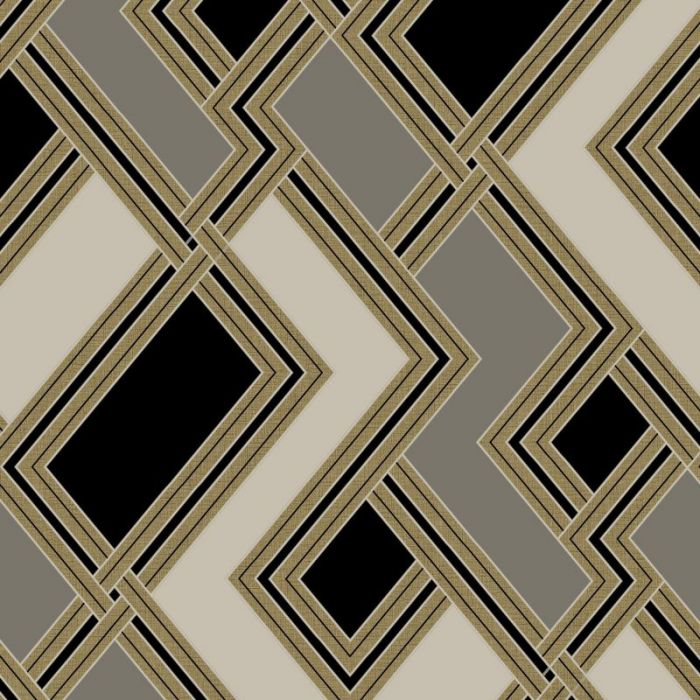 Fabric Geometric Printed Taupe, Black and Gold Wallpaper