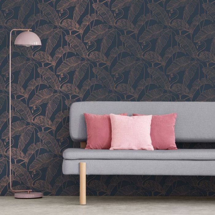Flamingo and Fern Metallic Wallpaper Navy