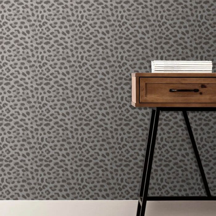 Leopard Animal Print Metallic Wallpaper Grey